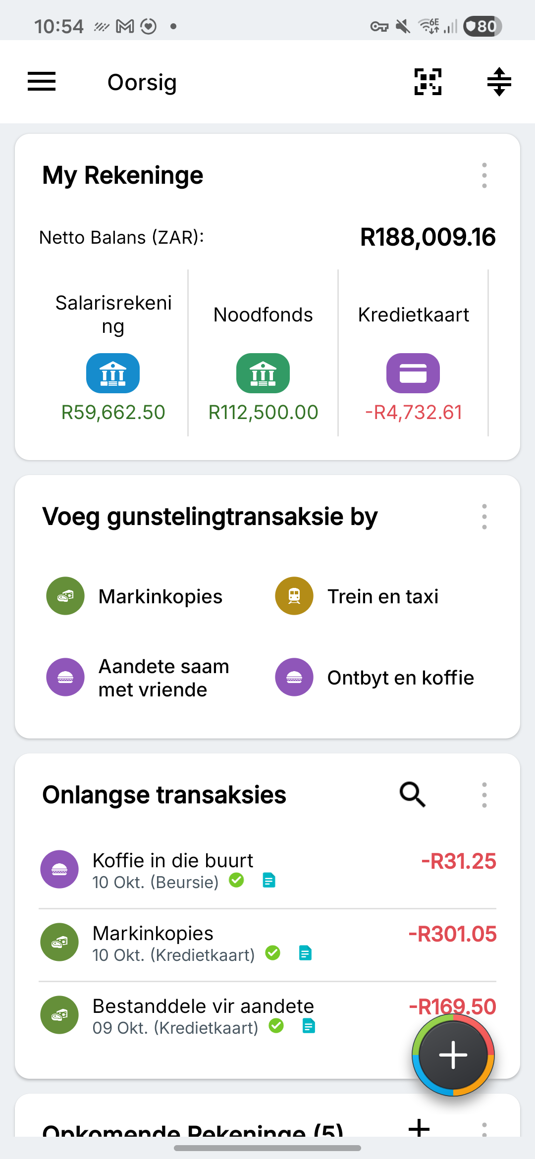 Expense IQ-oorsig met fiktiewe lopende, spaar- en kredietkaartrekeninge