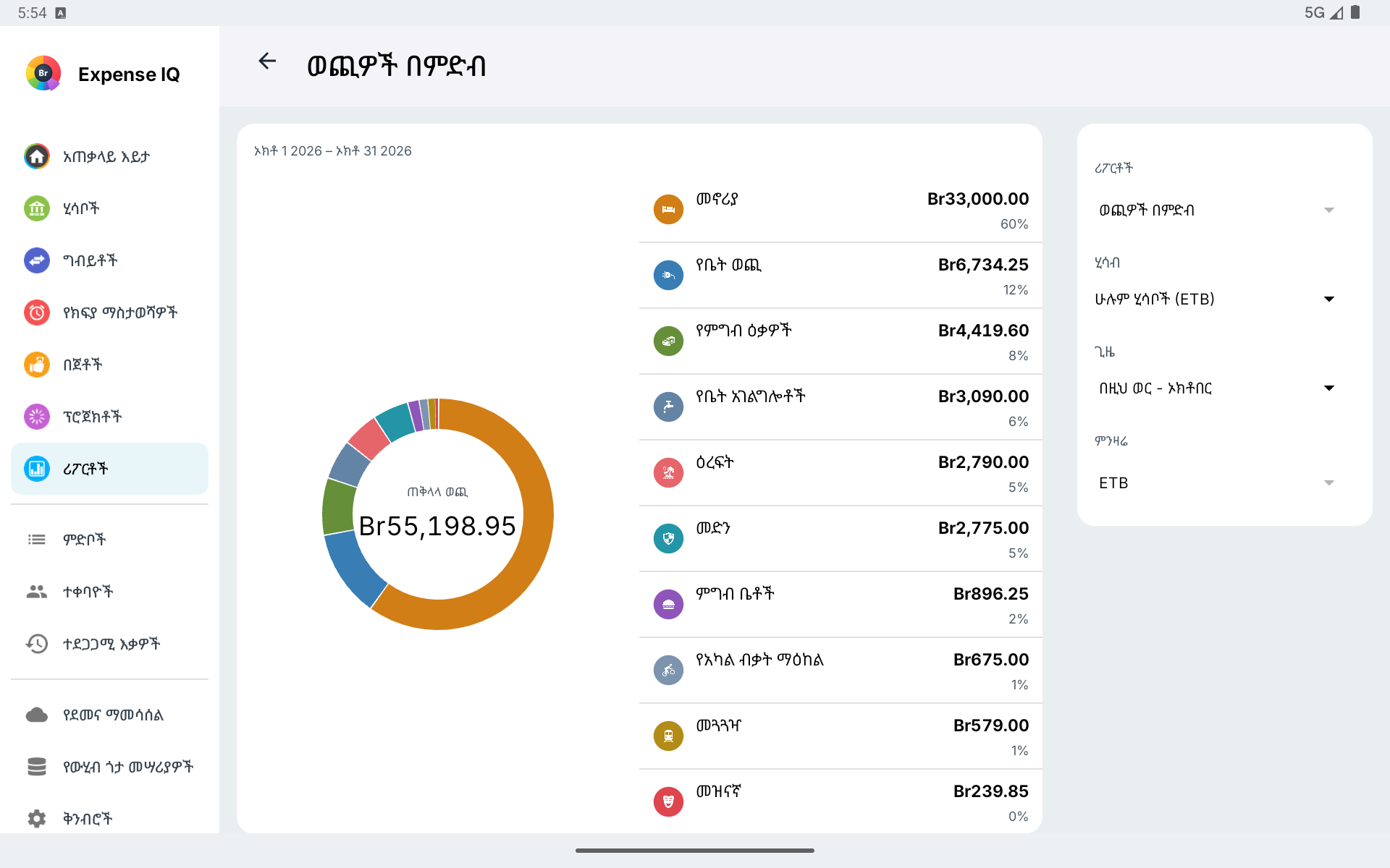 በአግድም ታብሌት ላይ በምድብ የተደራጀ የወጪ ሪፖርት