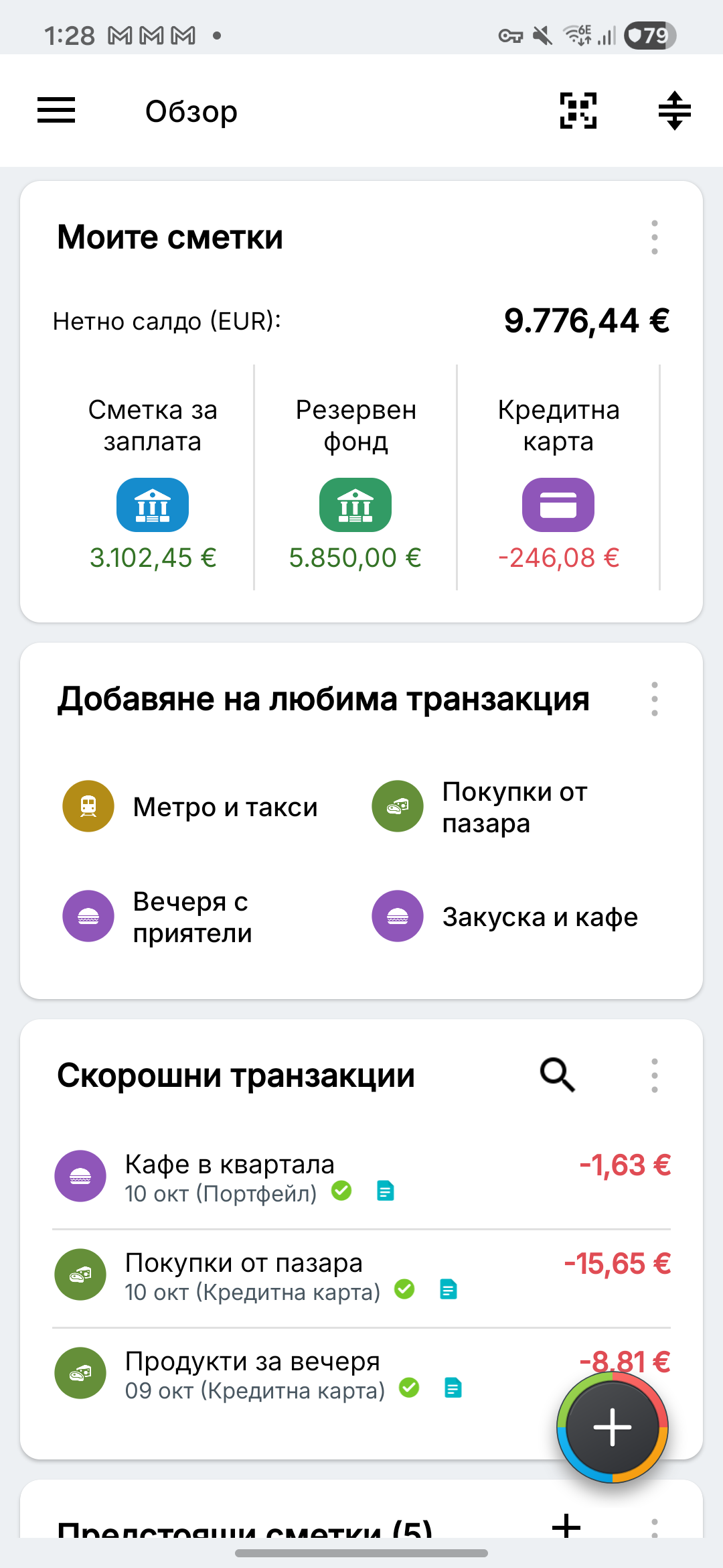 Общ преглед с измислени разплащателни сметки, спестявания и кредитни карти