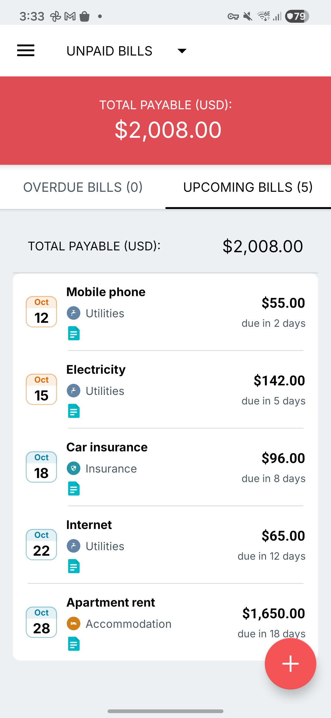 Fresh Samsung Expense IQ bill reminders screen