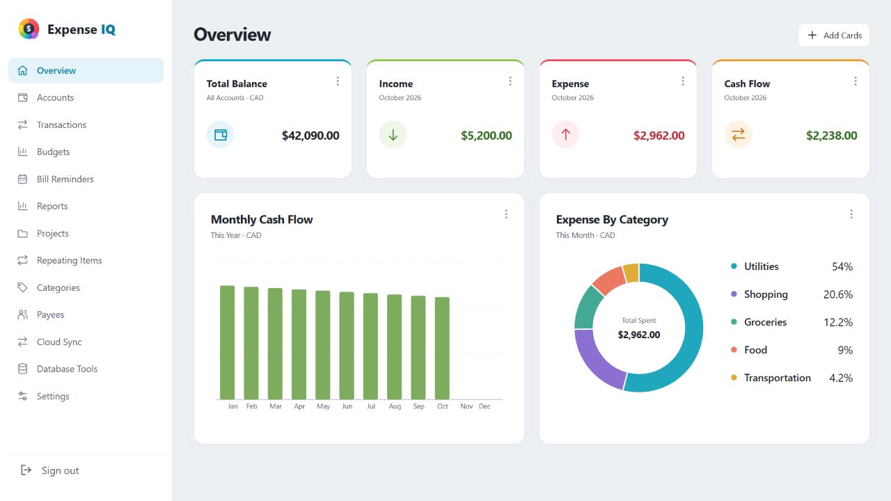 Actual Expense IQ web dashboard showing fictional USD household finances