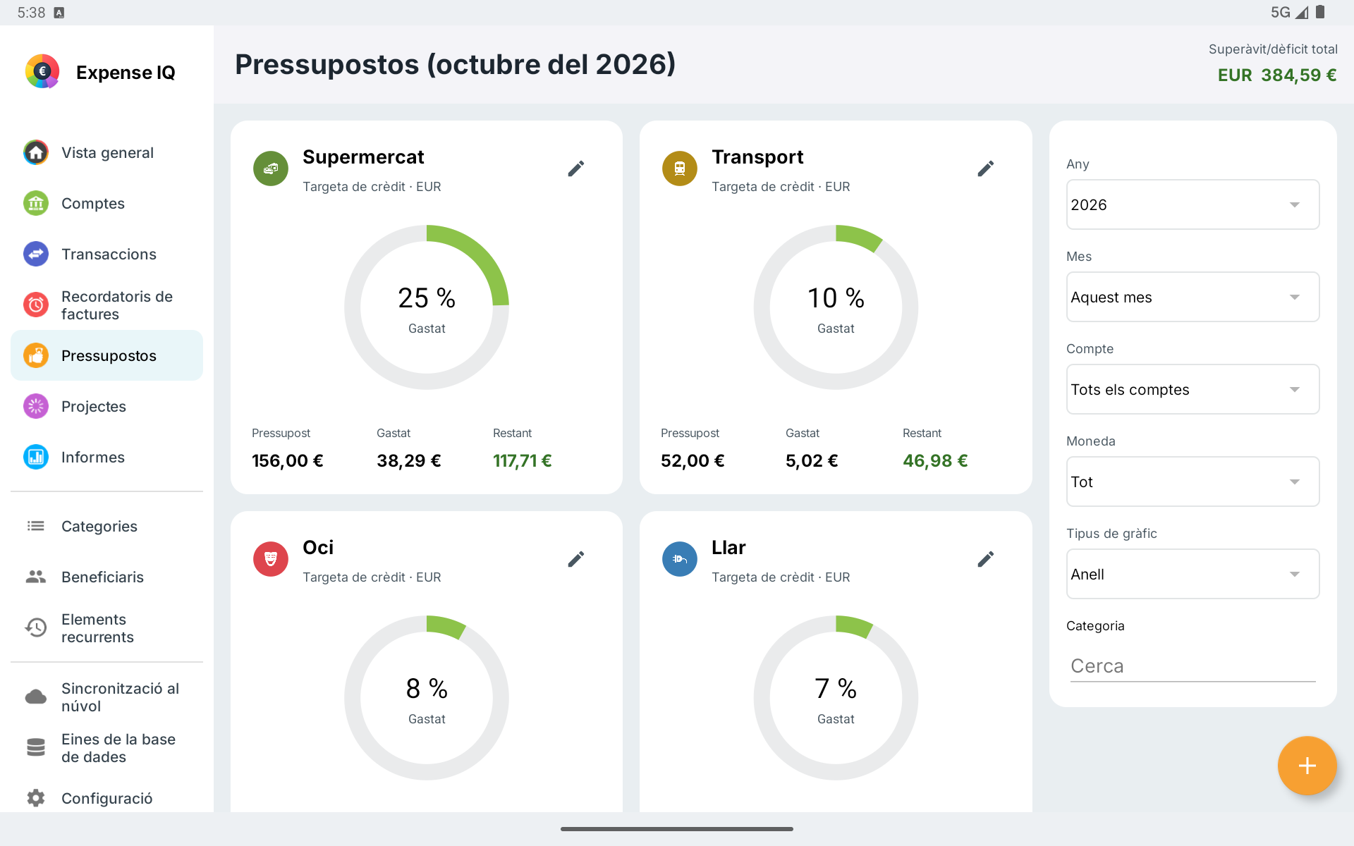 Targetes de pressupost i filtres en una tauleta Android horitzontal