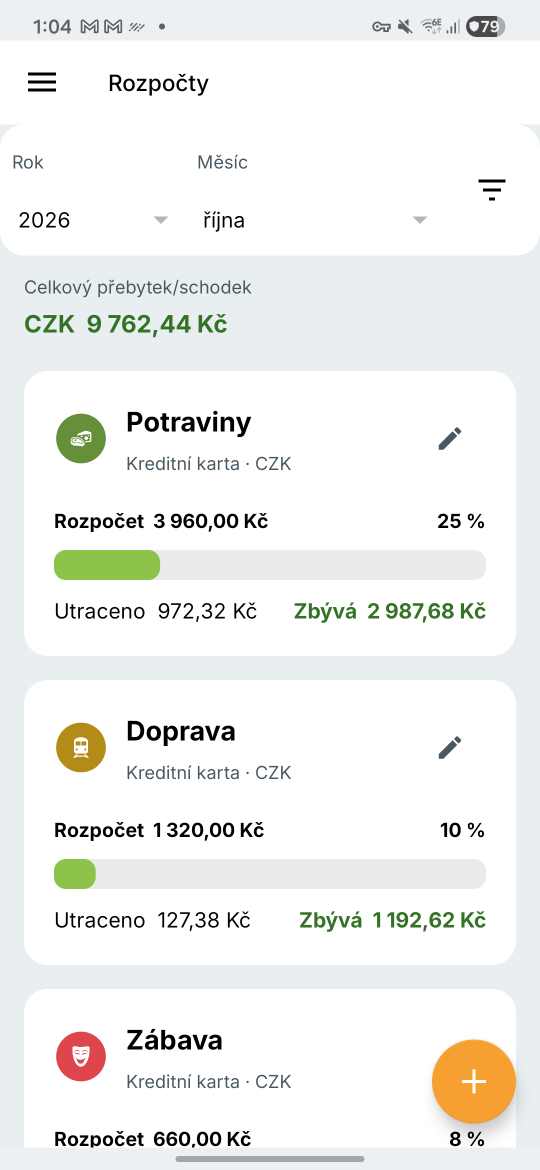 Obrazovka rozpočtů Expense IQ