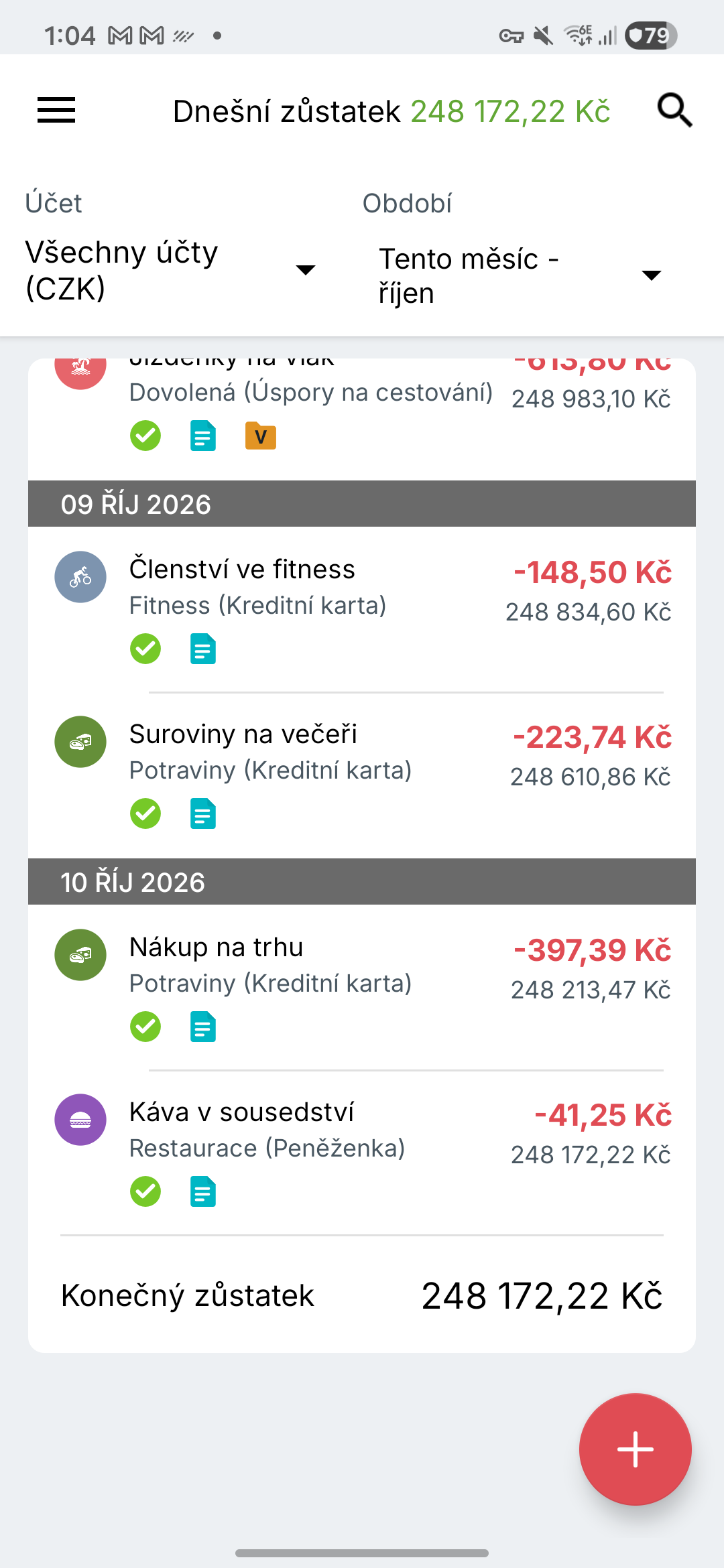 Obrazovka transakcí Expense IQ