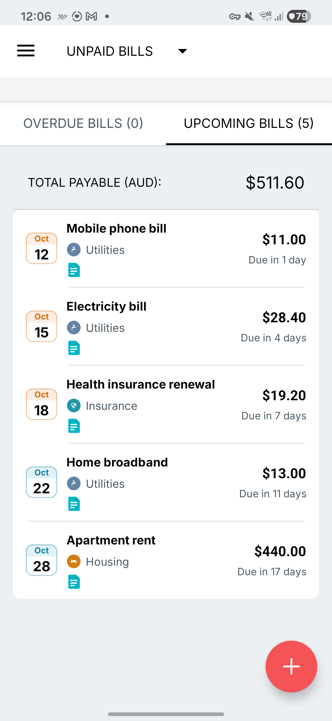 Fresh Samsung Expense IQ bill reminders screen