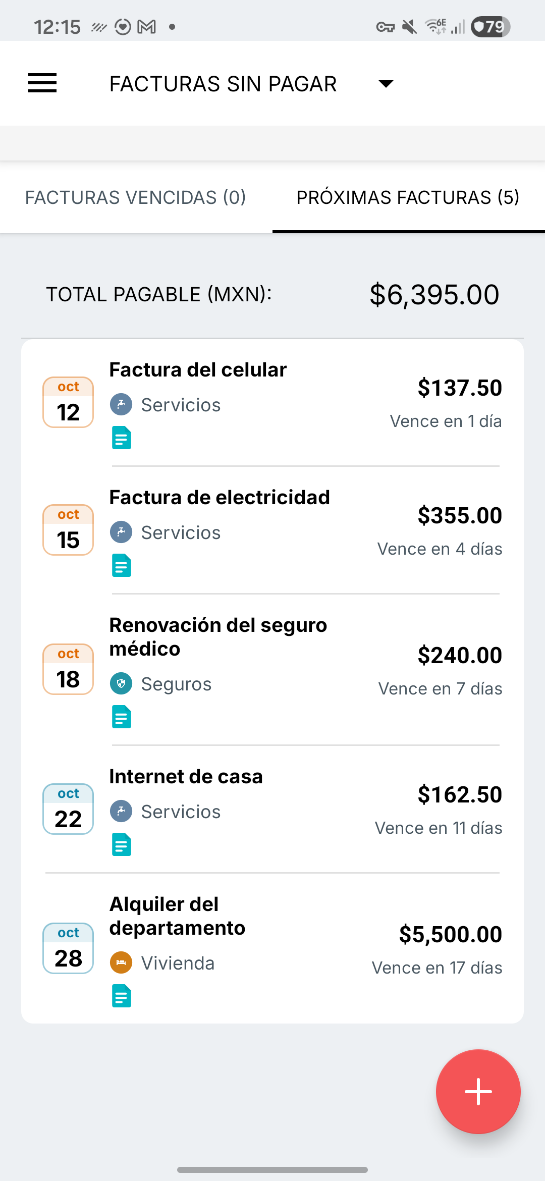 Pantalla de recordatorios de facturas de Expense IQ