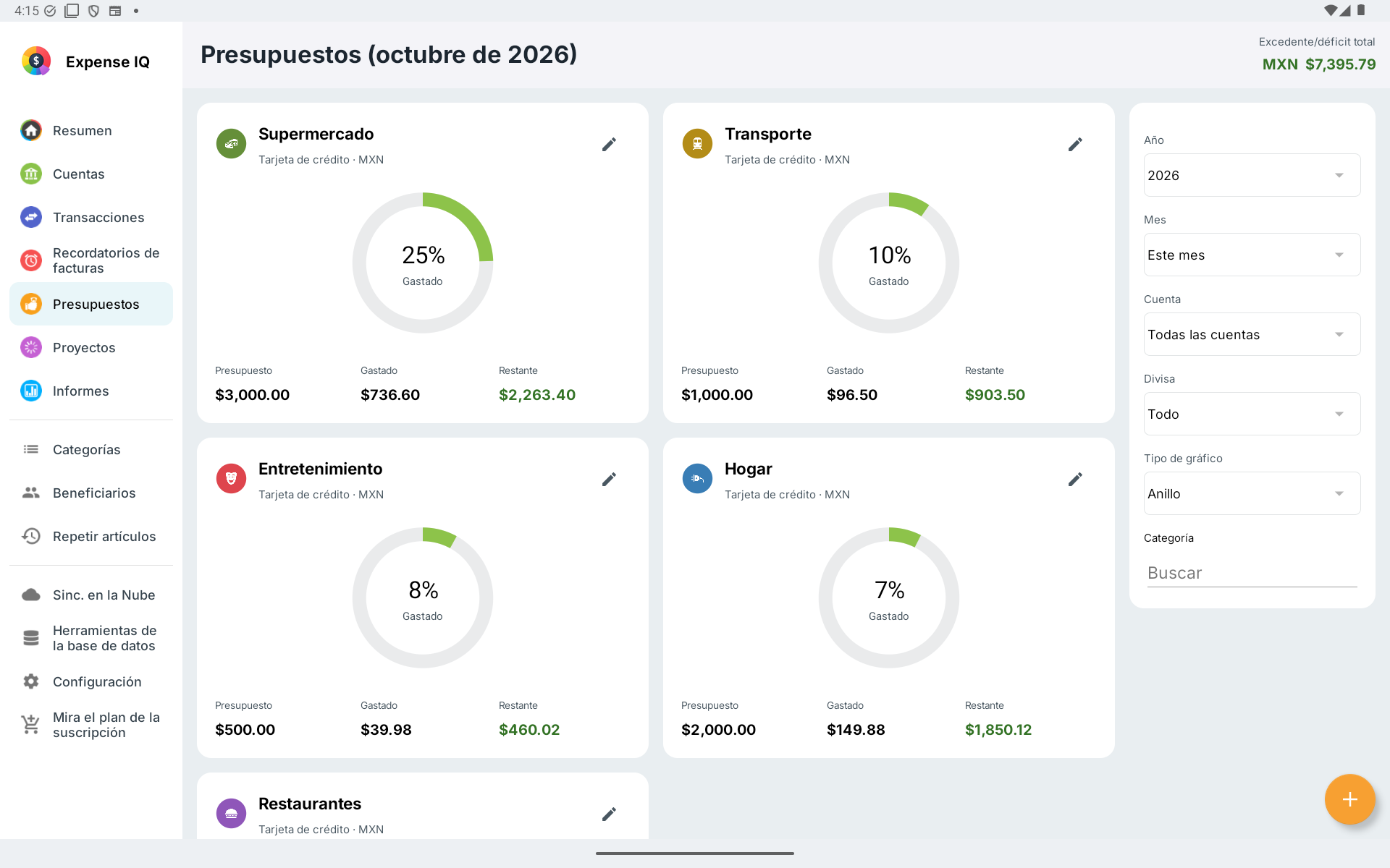 Tarjetas de presupuesto y filtros en tableta Android horizontal