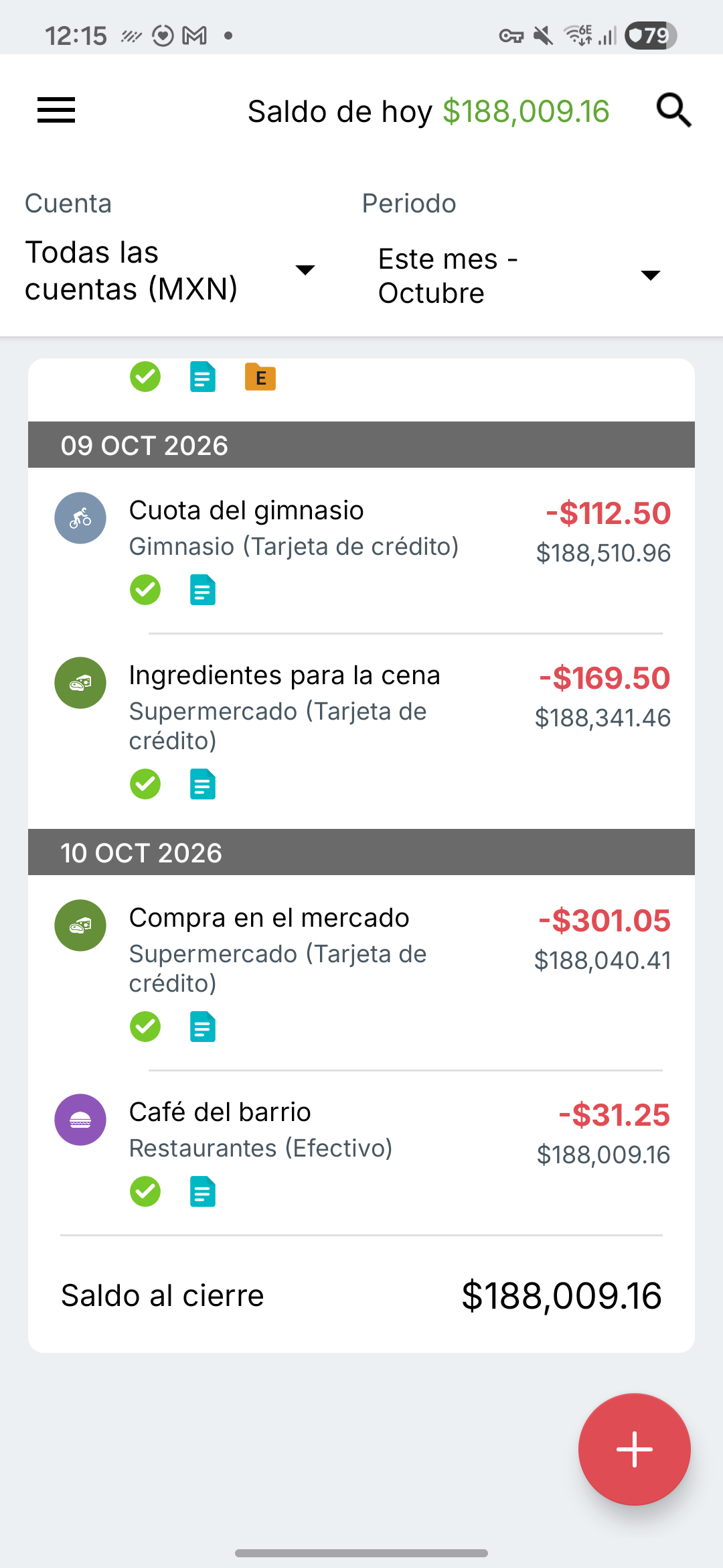 Pantalla de transacciones de Expense IQ
