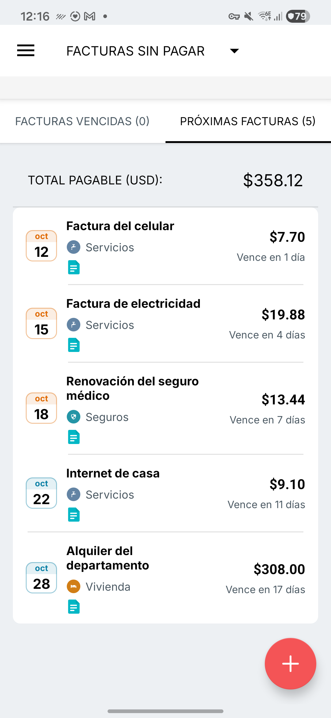 Pantalla de recordatorios de facturas de Expense IQ