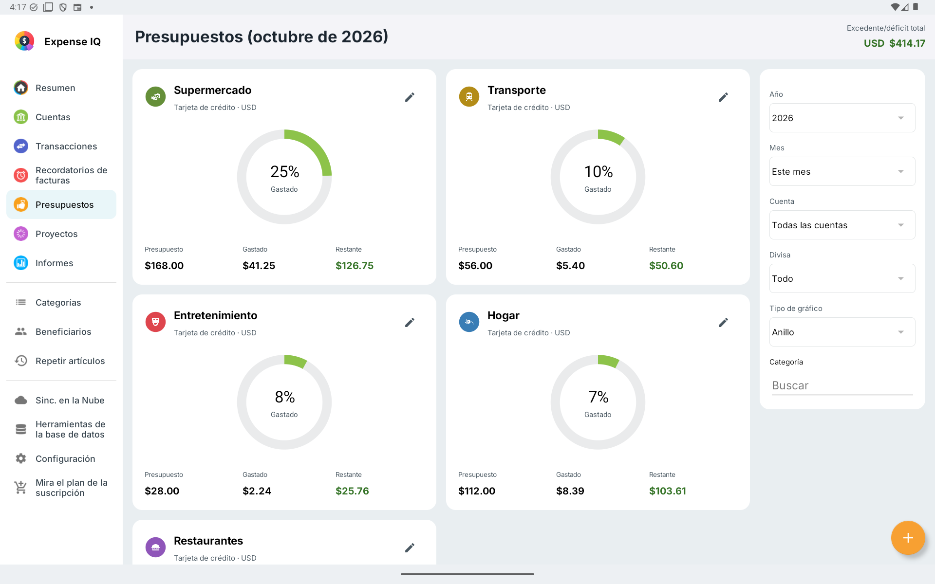 Tarjetas de presupuesto y filtros en tableta Android horizontal
