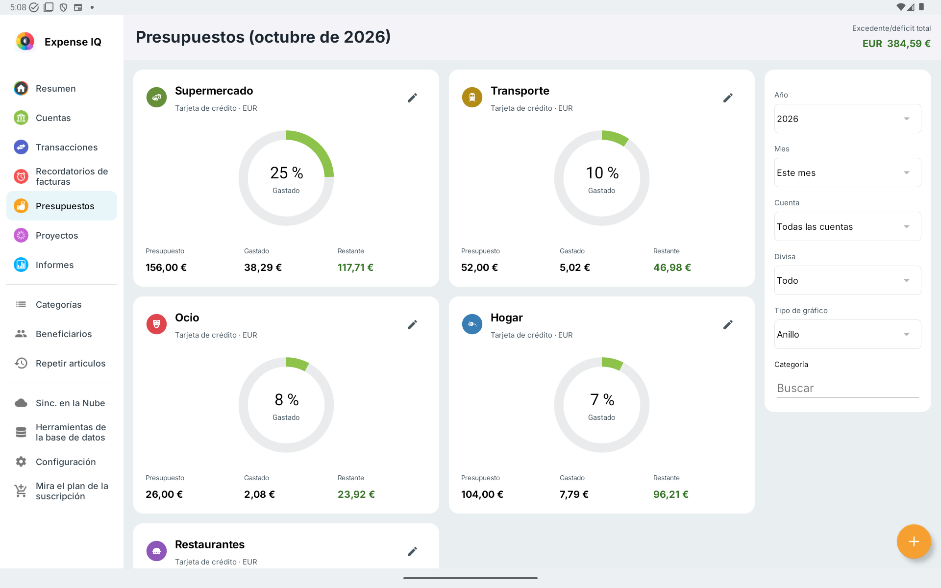 Tarjetas de presupuesto y filtros en tableta Android horizontal
