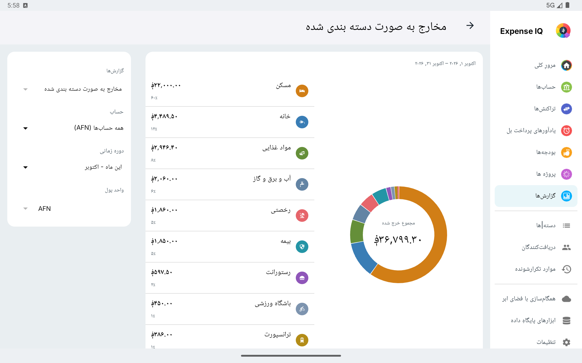 گزارش مصارف به تفکیک دسته‌بندی در تبلت افقی