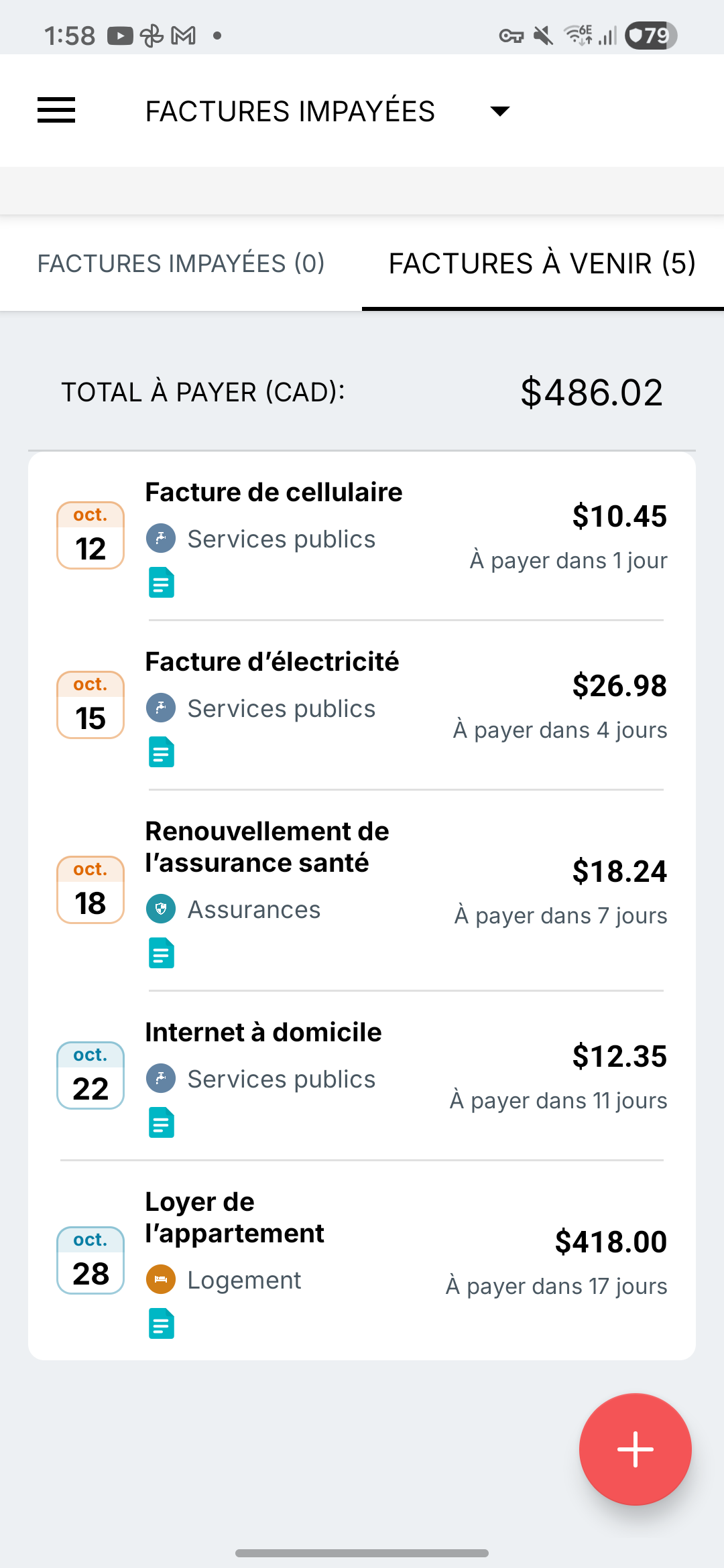 Écran des rappels de factures d’Expense IQ