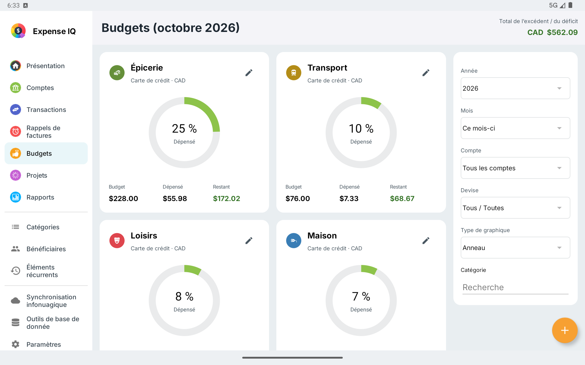 Cartes de budget et filtres sur tablette Android en paysage