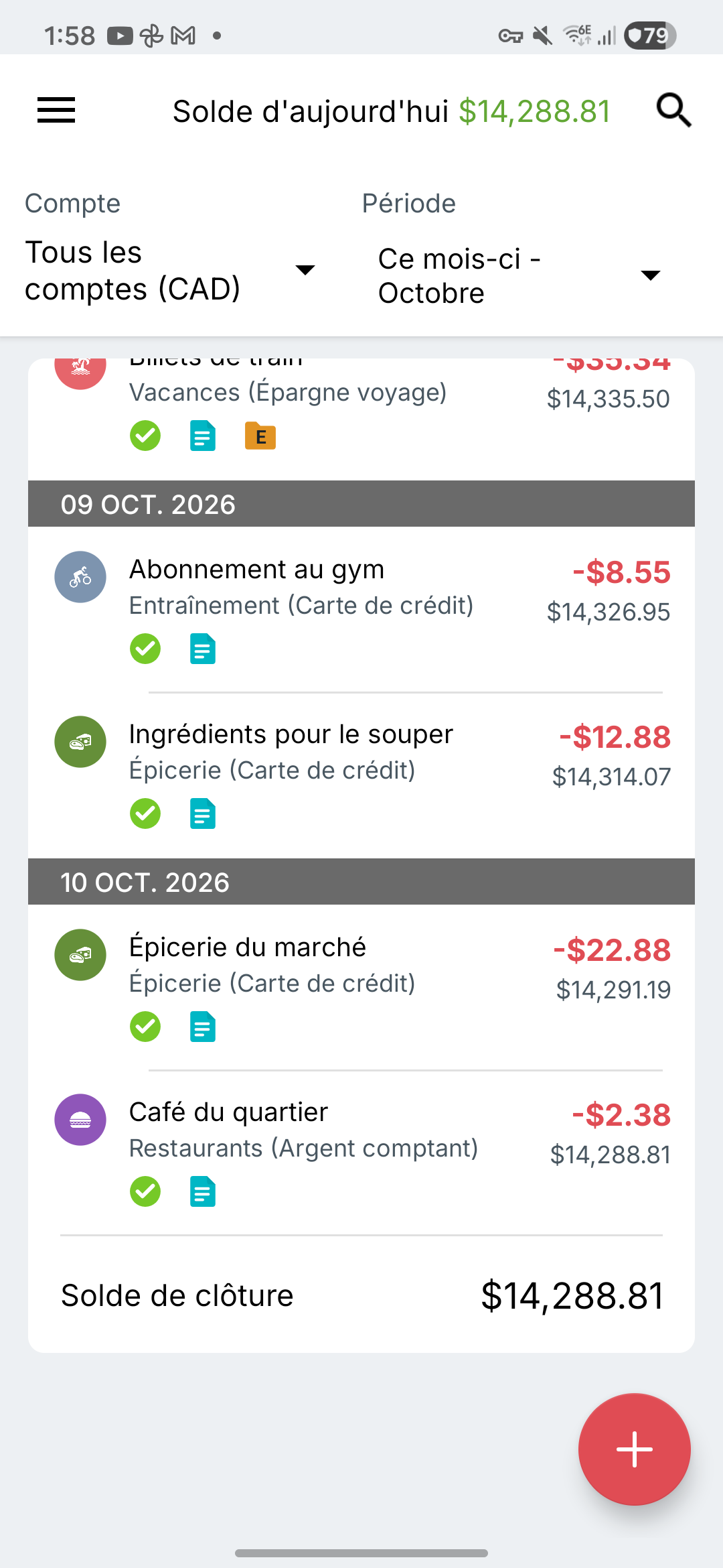 Écran des transactions d’Expense IQ