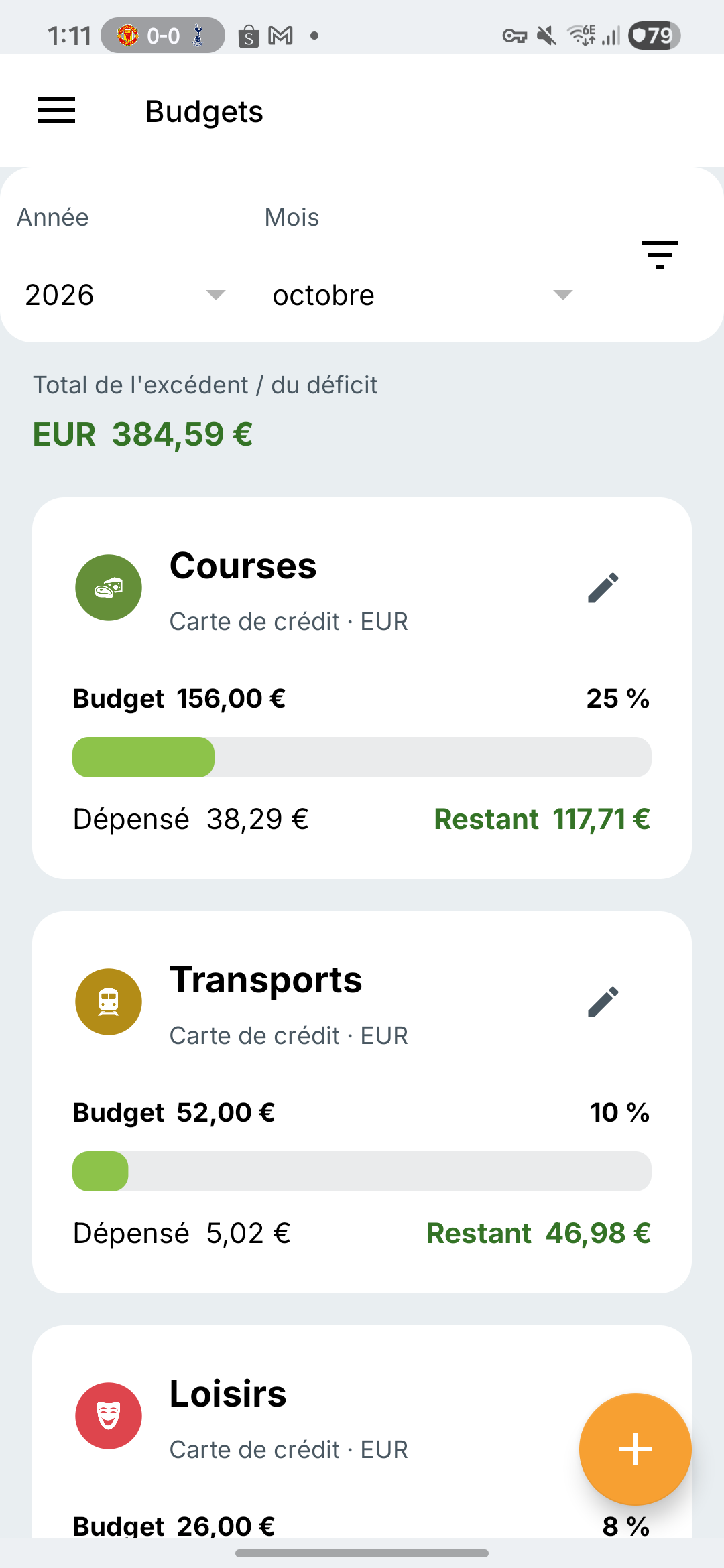 Écran des budgets sur Samsung