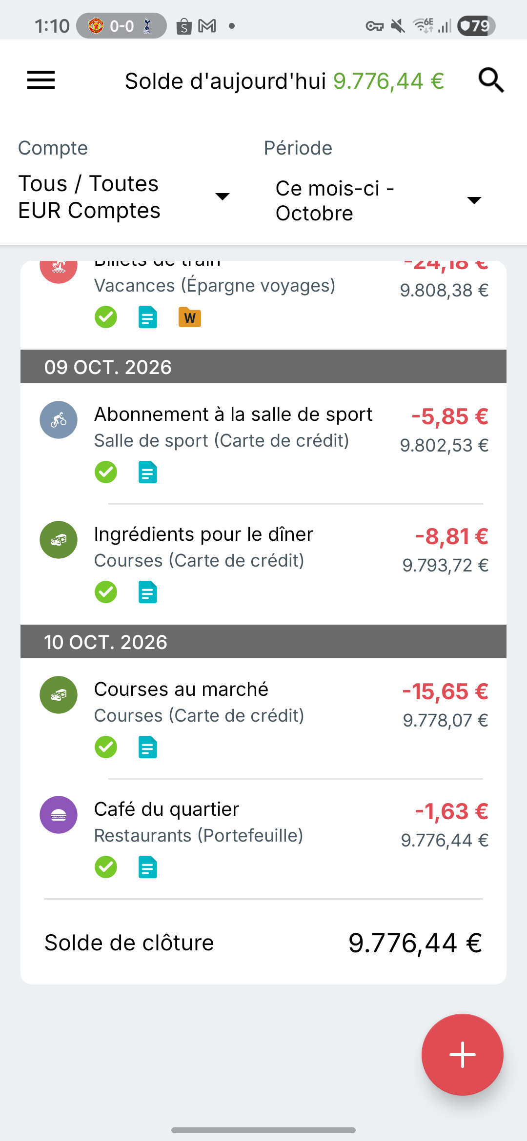 Écran des transactions sur Samsung