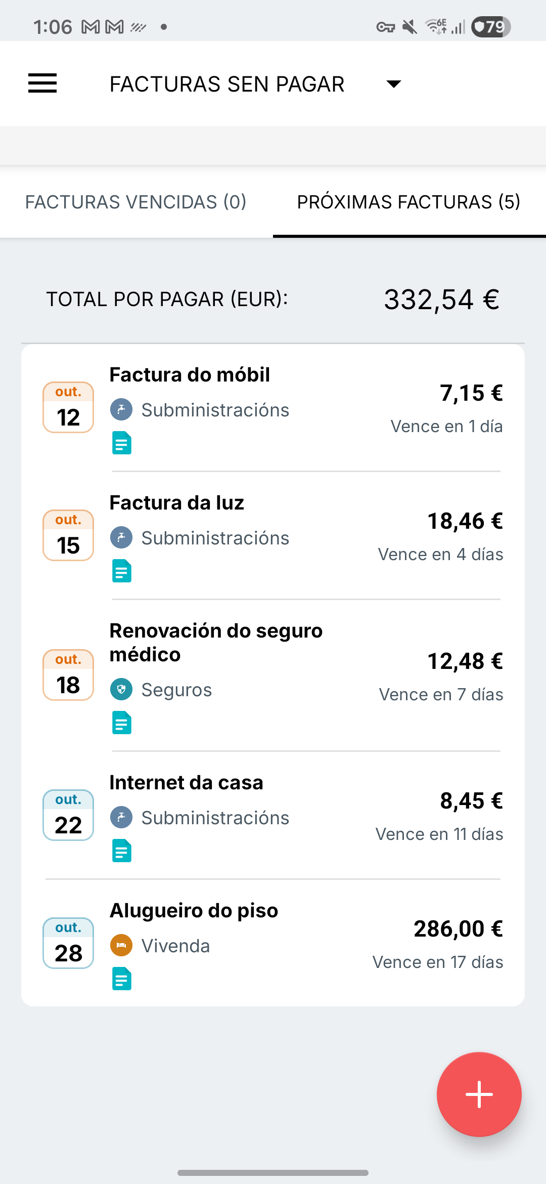 Pantalla de recordatorios de facturas de Expense IQ