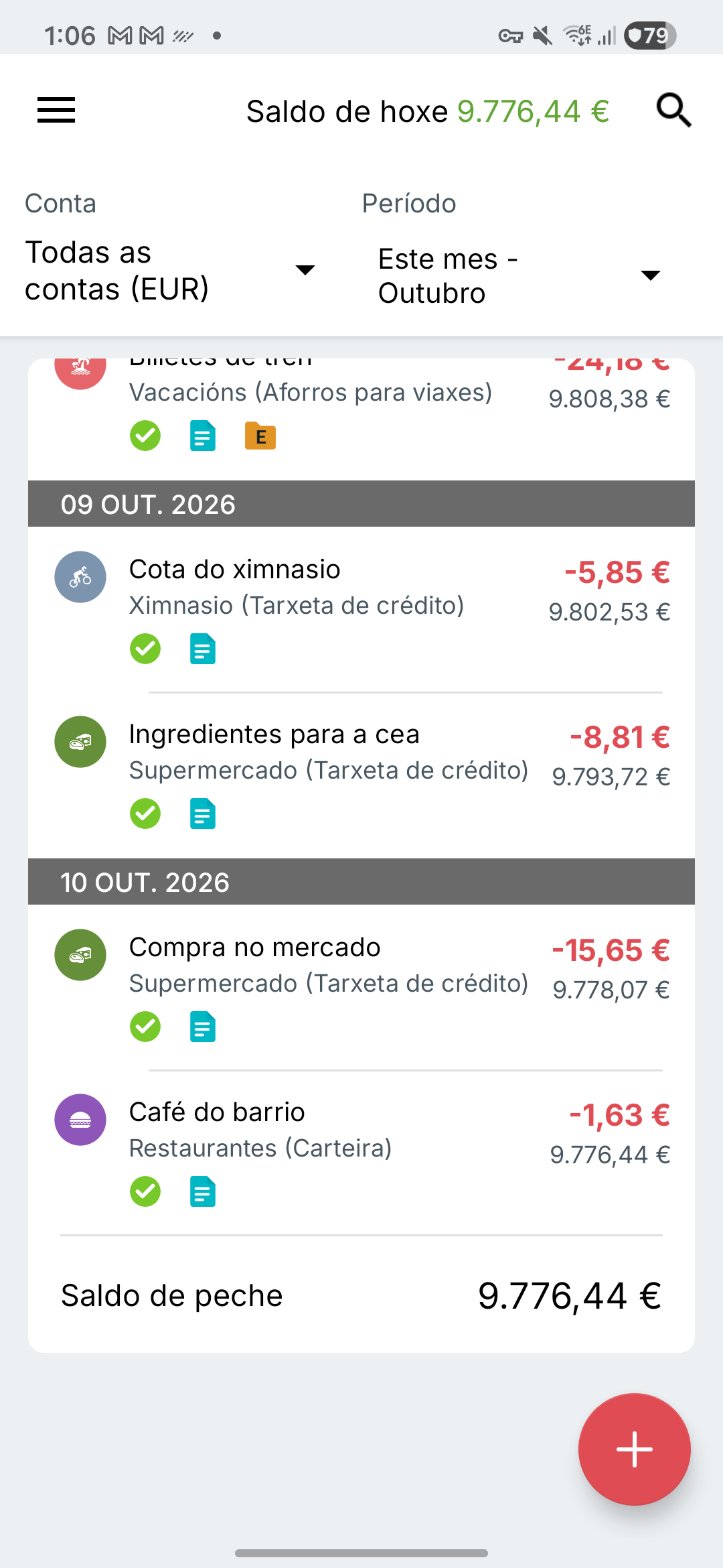 Pantalla de movementos de Expense IQ