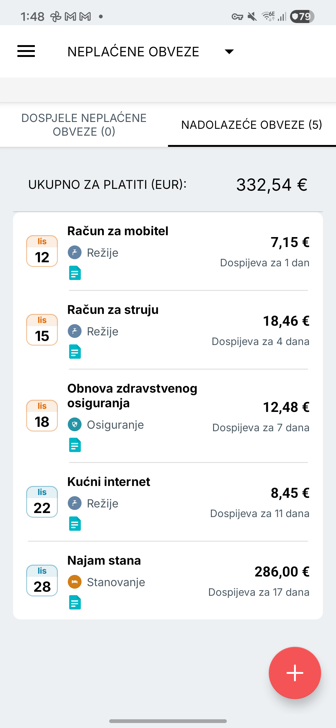 Prikaz podsjetnika za račune Expense IQ