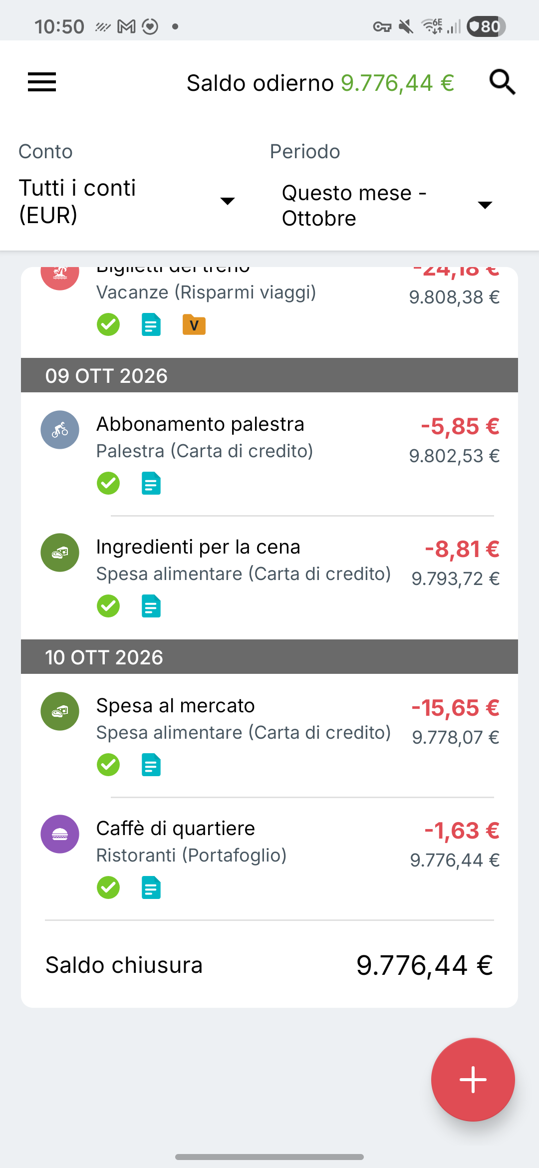 Schermata dei movimenti di Expense IQ