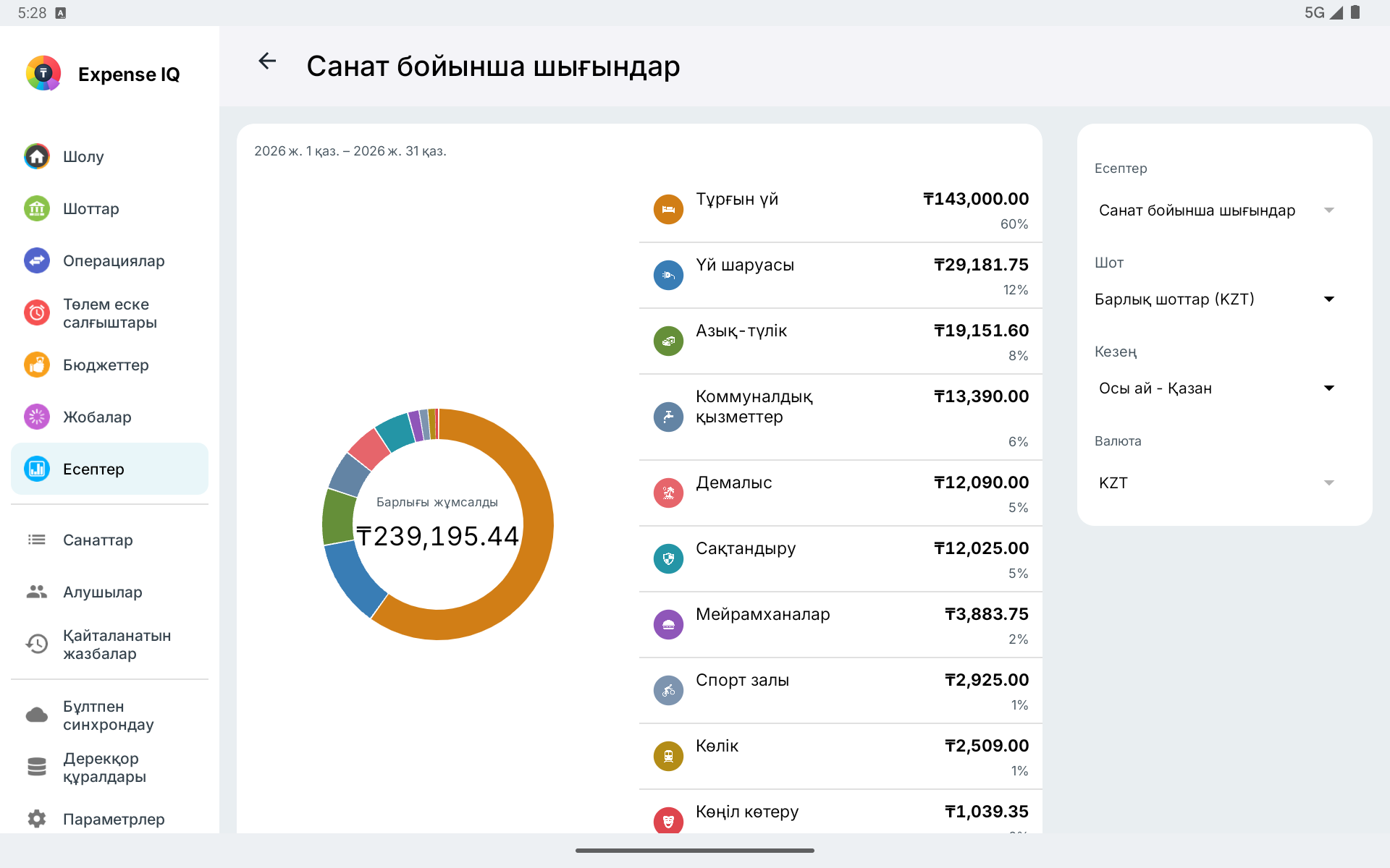 Көлденең планшеттегі санат бойынша шығын есебі