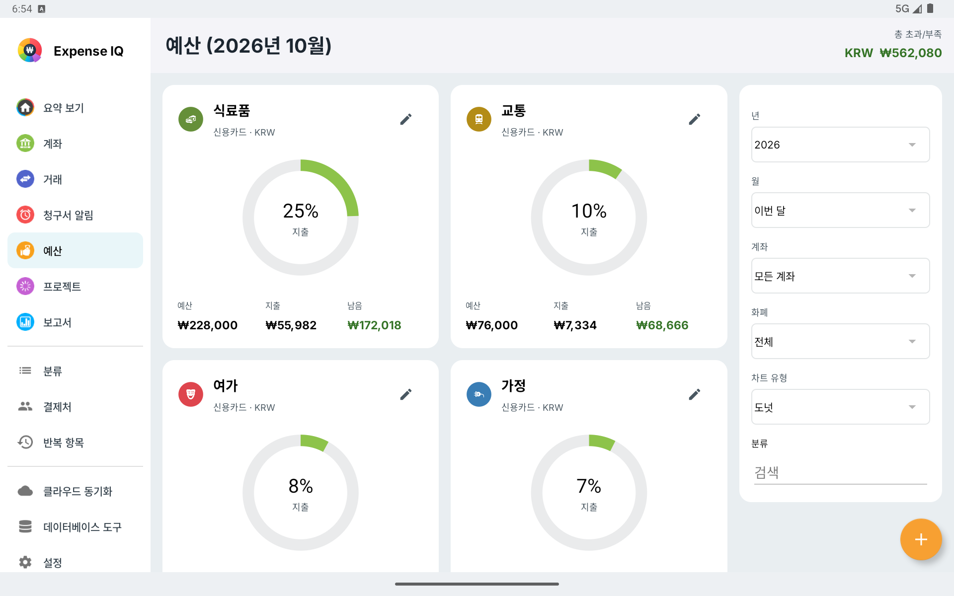 가로 방향 Android 태블릿의 예산 카드와 필터 패널