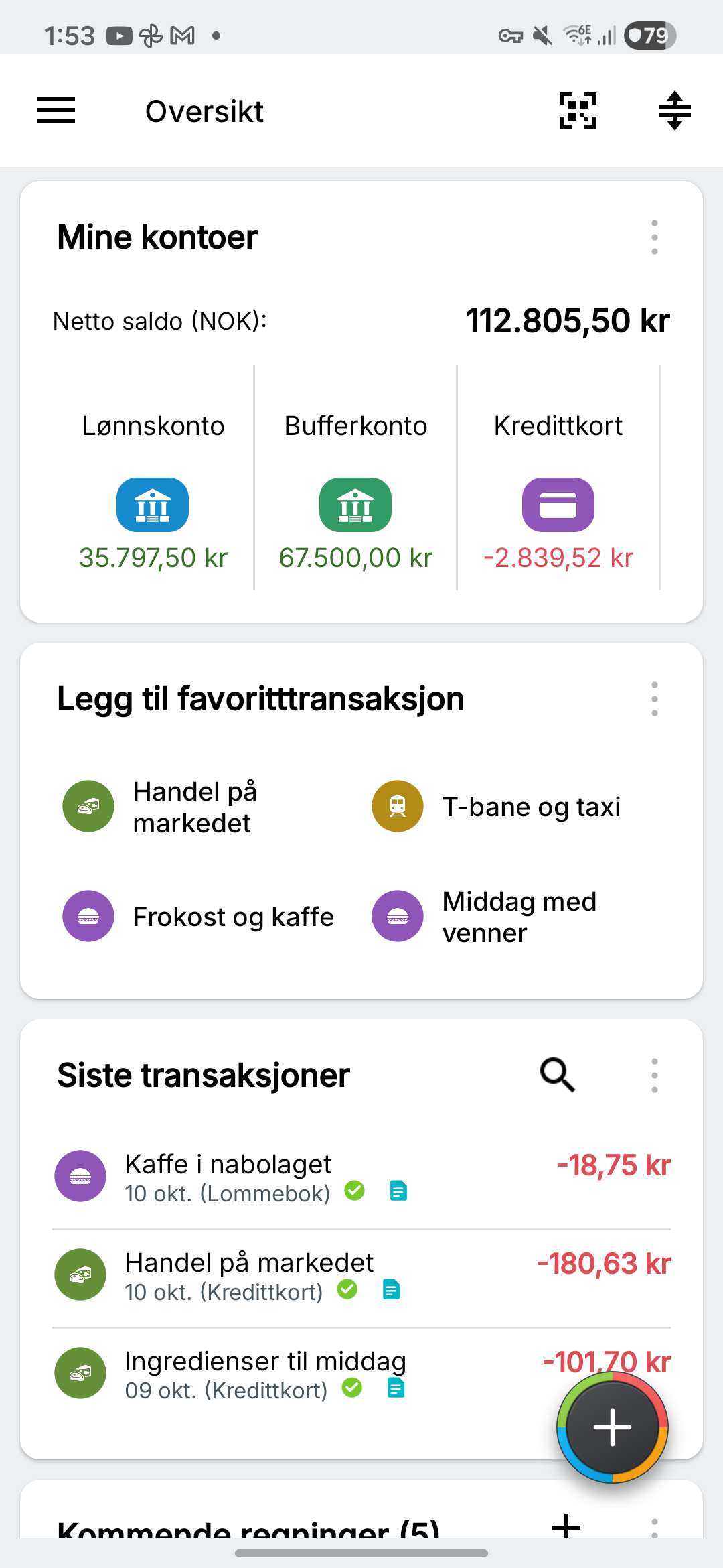 Oversikt med fiktive brukskontoer, sparing og kredittkort