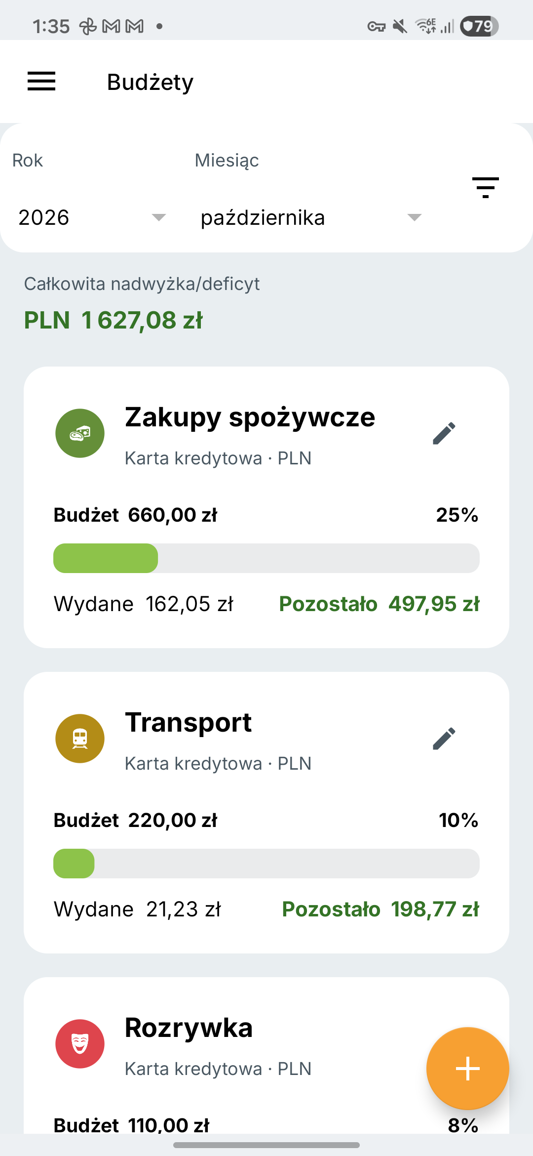 Ekran budżetów Expense IQ