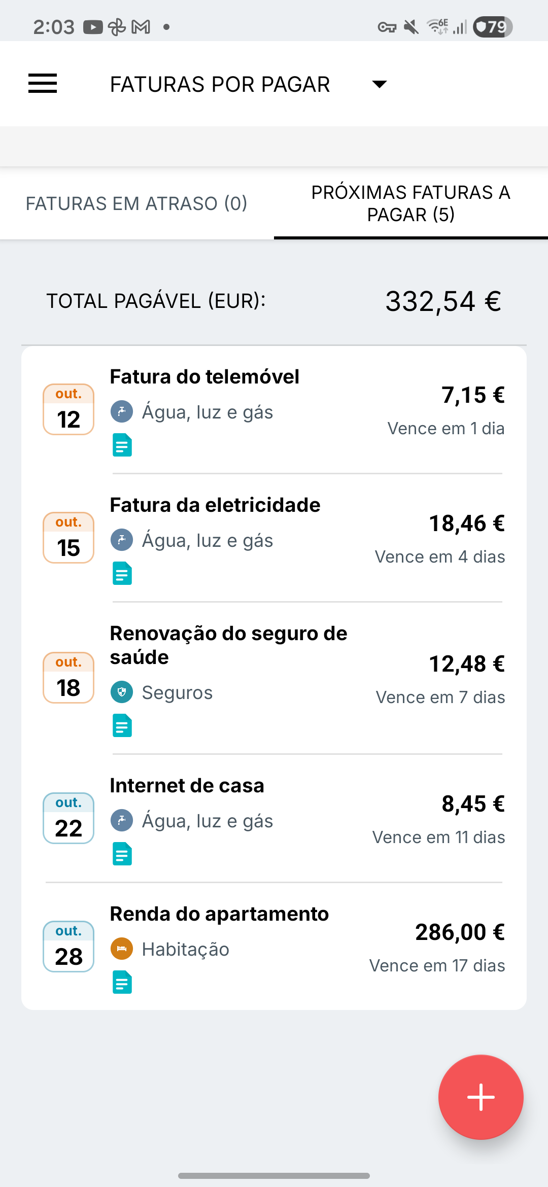 Ecrã de lembretes de faturas do Expense IQ