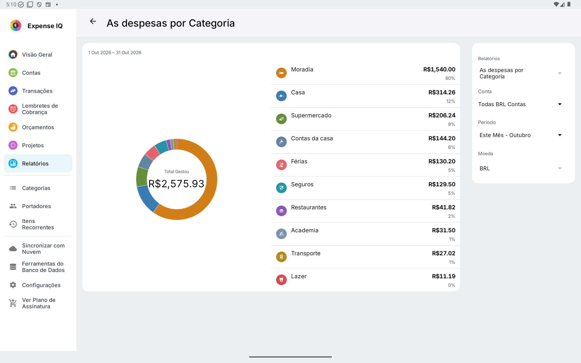 Relatório por categoria em tablet Android horizontal