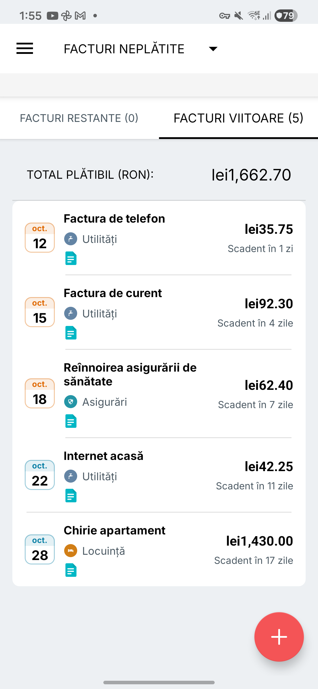 Ecranul mementourilor pentru facturi Expense IQ