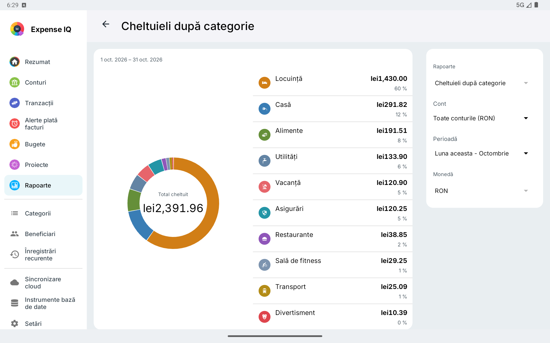 Raport de cheltuieli pe categorii pe tabletă Android în mod orizontal