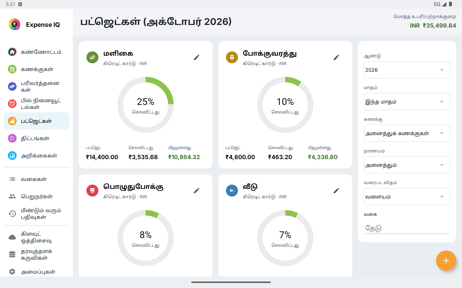 கிடைமட்ட Android டேப்லெட்டில் செலவுத் திட்ட அட்டைகளும் வடிப்பான் பலகையும்