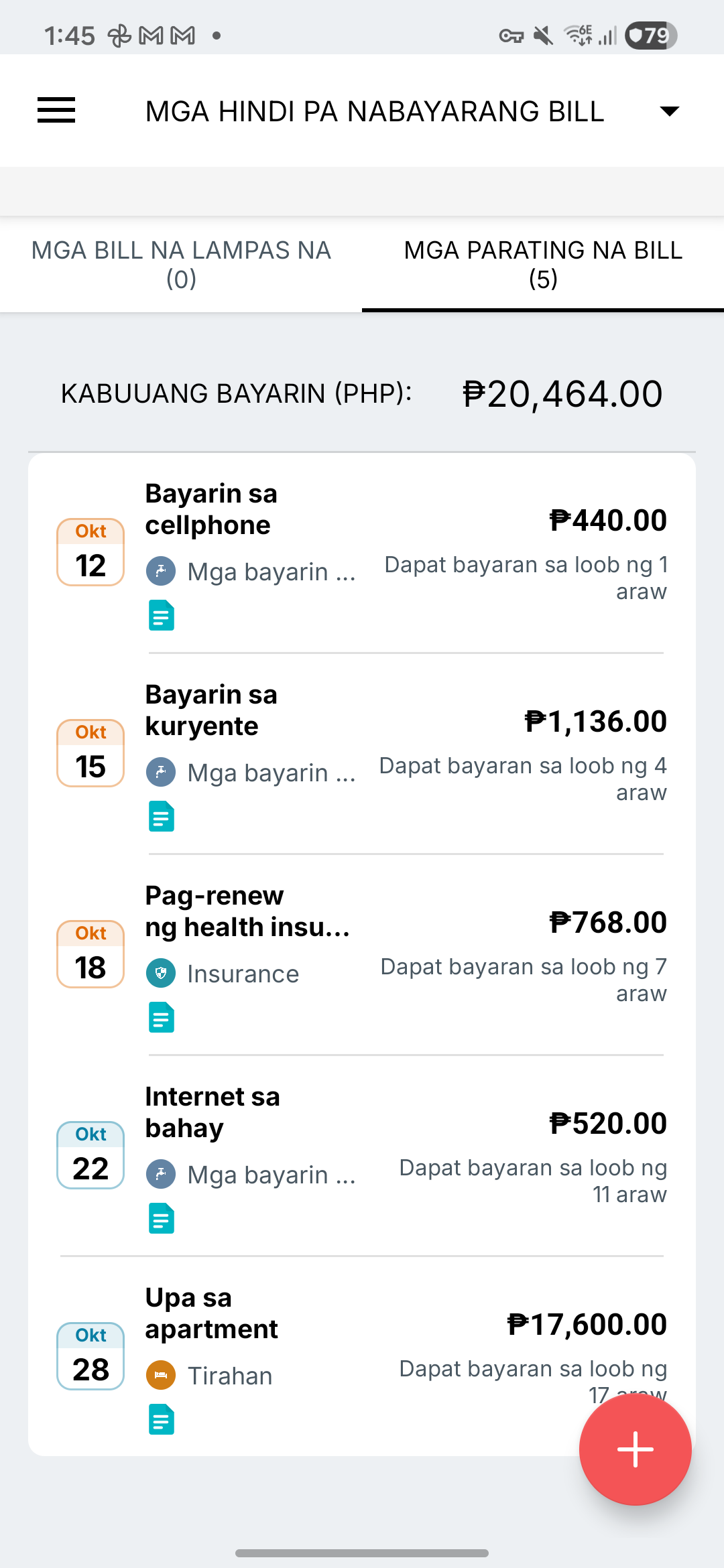 Screen ng mga paalala sa bayarin sa Expense IQ