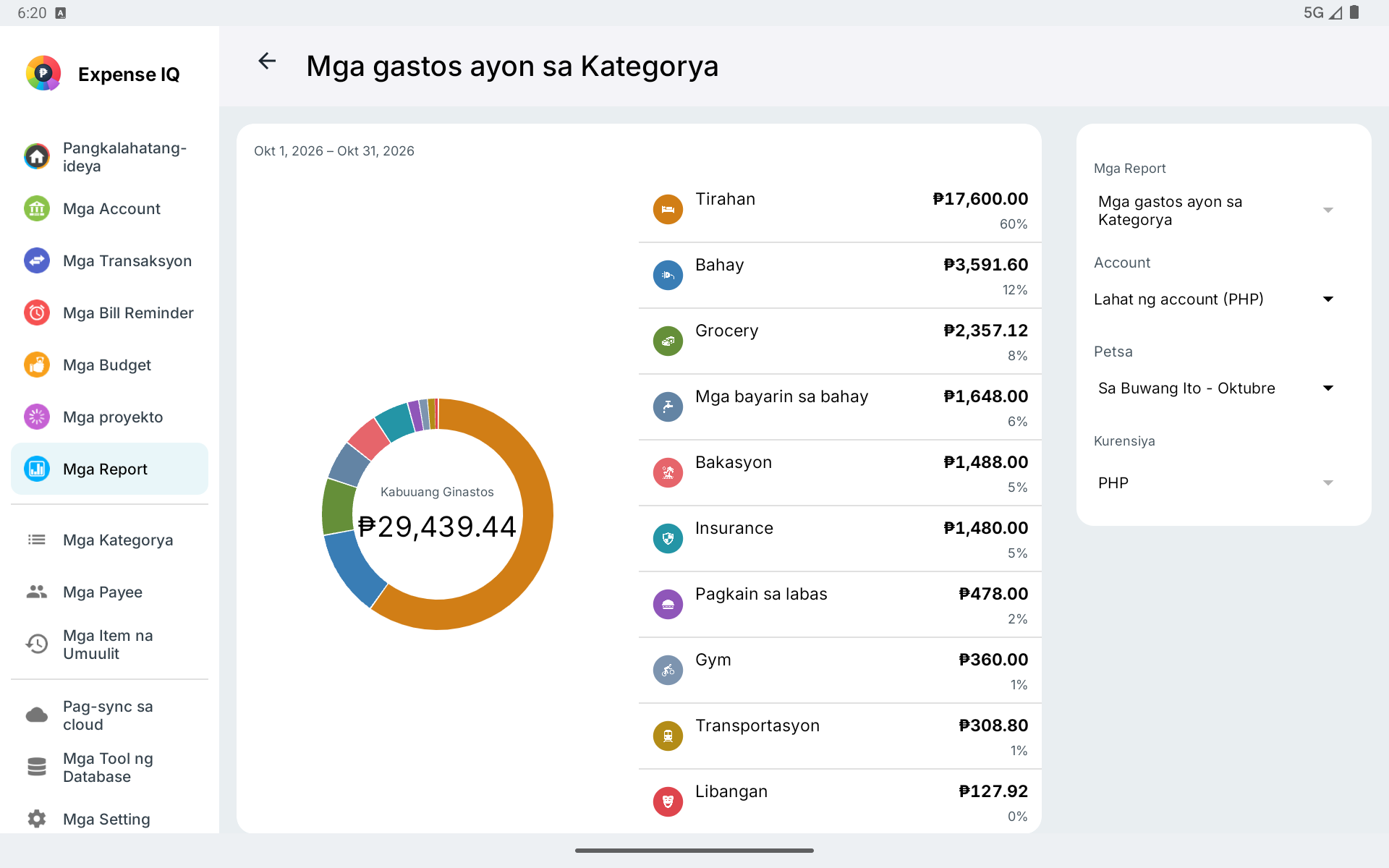 Ulat ng gastos ayon sa kategorya sa pahigang Android tablet
