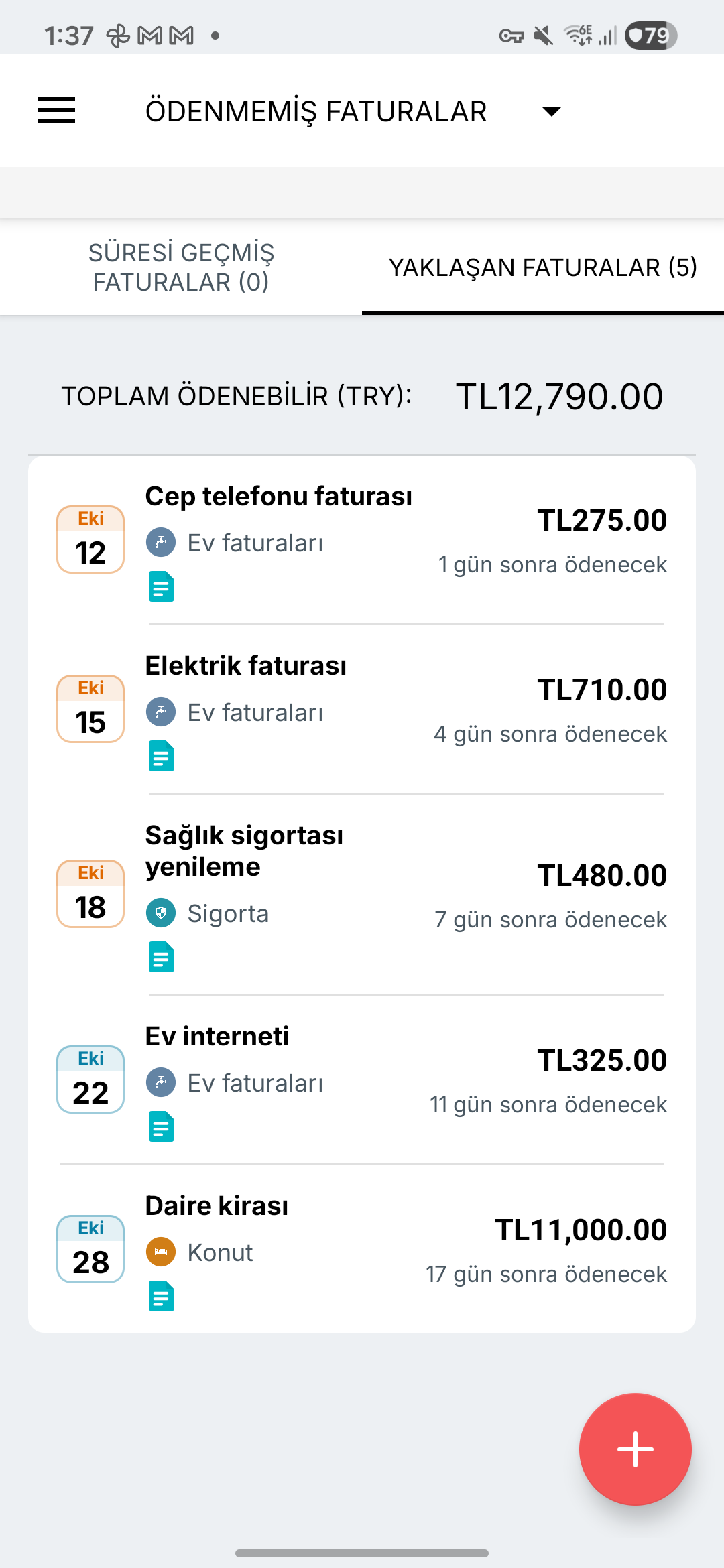 Expense IQ fatura hatırlatıcıları ekranı