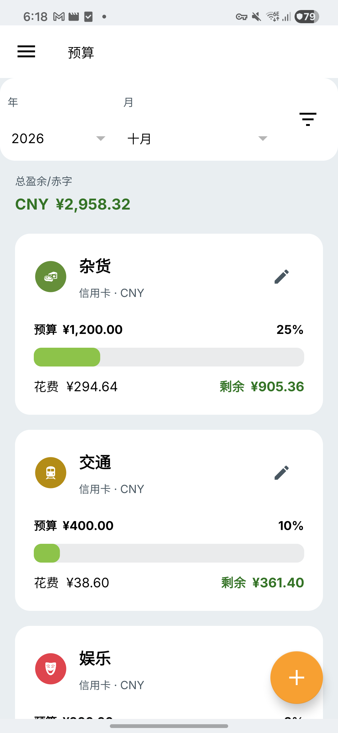 中文预算页面:杂货预算1200元,已花费294.64元,剩余905.36元。